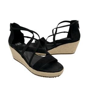 Eileen Fisher Wanda Black Tumbled Nubuck Strappy Espadrille Jute Wedge Sandals
